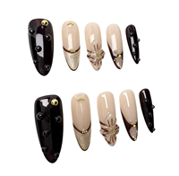 Ongles Press-on Faits Main en PMMA, 10 Pièces, Personnalisables, Stiletto Moyen, Marron Ambré, Fleur 3D, Goutte de Rosée Dorée, Ongles de Luxe à Coller avec Colle