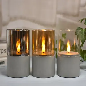 3 unids/set brillo ajustable sin llama LED vela Pilar imitación cemento gris funciona con pilas para el estilo del hogar moderno