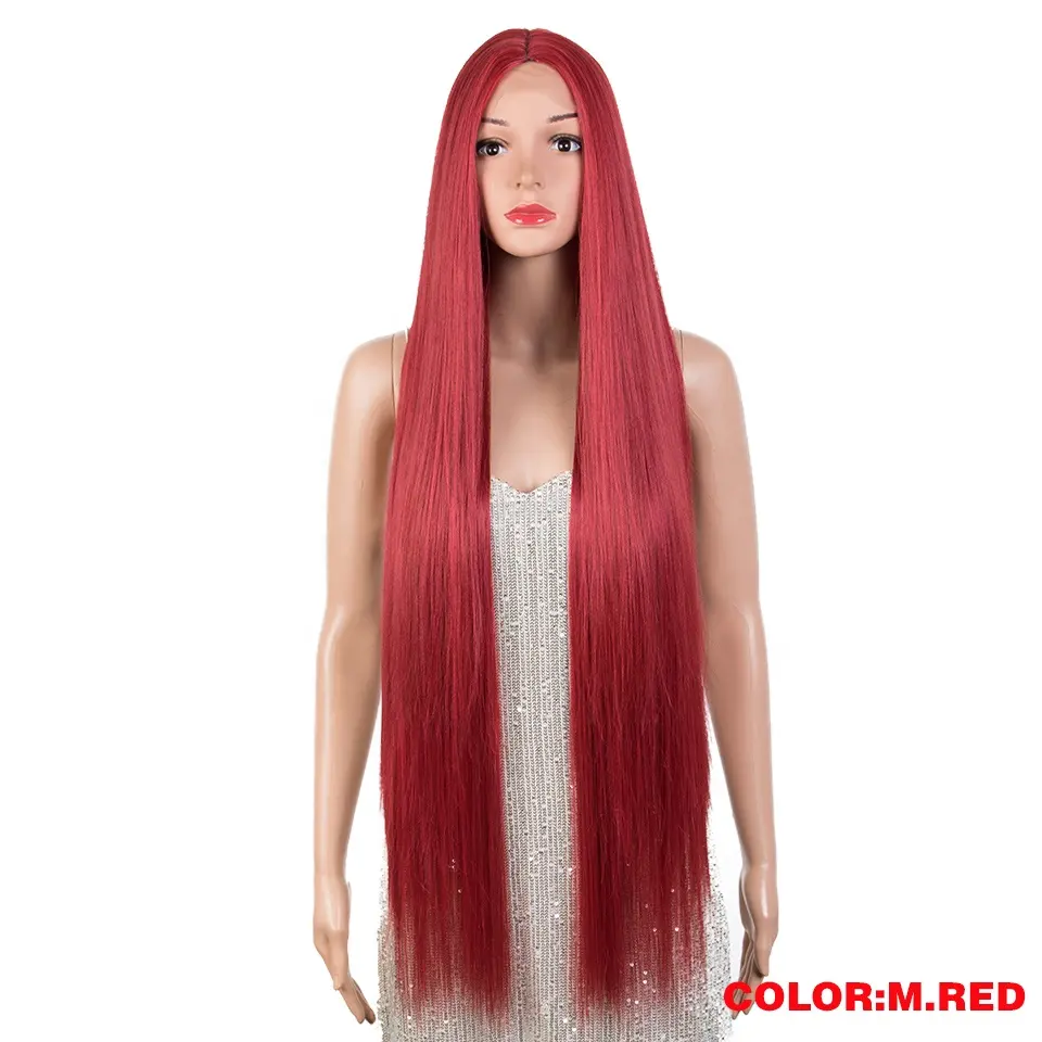 Red Cosplay Wigs For Black Women Long Straight Synthetic Lace Wig 38 Inch Pink Ombre Blonde High temperature heat resistance