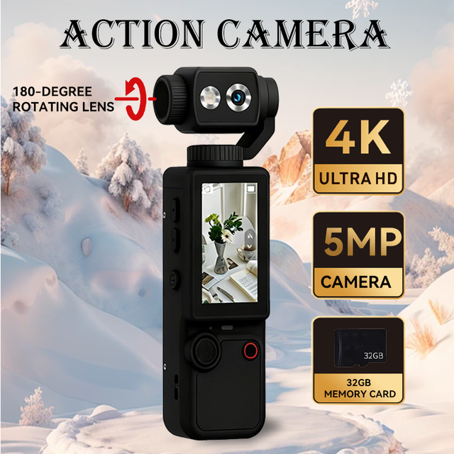 Q8 Pocket Stabilized Handheld Camera 1080p HDR Video Stereo Recording 180 Wide Angle Built-in LED Flashlight