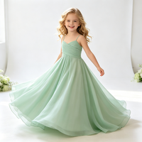 Gaun Formal Anak Perempuan Warna Hijau Muda OEM, Tali Spaghetti, Model A-Line, Bahan Satin, untuk Pesta Liburan, Gaun Putri, Gaun Ulang Tahun Anak