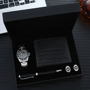 3 Pcs Men's Simple Fashion Casual Leather Band Quartz Crown Tiger Eye Stone Bracelet Titanium Bracelet Gift pen wallet Watch Set