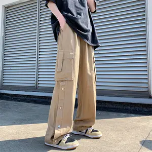 Mens Retro Cargo Pants Straight Solid Trousers Wide Leg Hip Hop Work  Streetwear