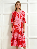 Robe longue plissée taille unique pour femme, col rond, ornée de perles, manches trois-quarts évasées, imprimée