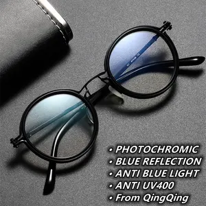 สีฟ้าตัดเลนส์PhotochromicวงกลมRetroโลหะพีซีสีดําทองHawksbill Photogray Anti Reflection bezel 2024 ผู้หญิงผู้ชายแว่นตา