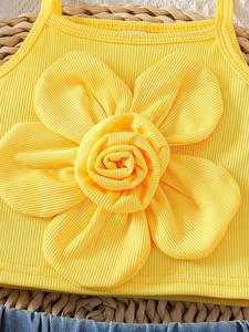 Completo da bambina 2026: Top a canotta floreale 3D stile pastorale e pantaloncini in denim ricamati - <span class=keywords><strong>Abbigliamento</strong></span> per bambine - Product Image 3