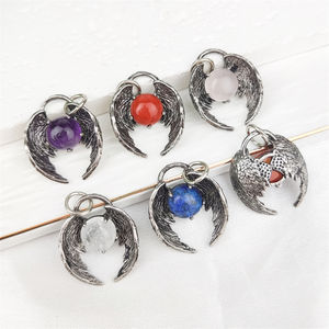 Terlaris baru trendi perak antik sayap malaikat batu permata alami batu kecubung merah Jasper kristal bulat batu liontin untuk hadiah - Product Image 1