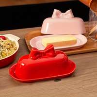 Couvercle nœud papillon rouge rose Accessoire de cuisine Gardien de beurre à fromage Plat à beurre en céramique