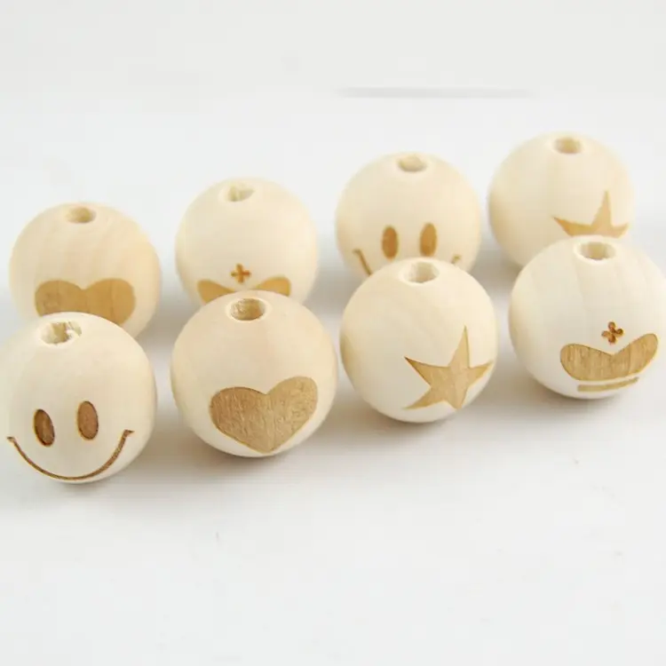 20mm hole 4mm Light Wood color Round Wooden Beads Engraved Beads for DIY Jewellery Making