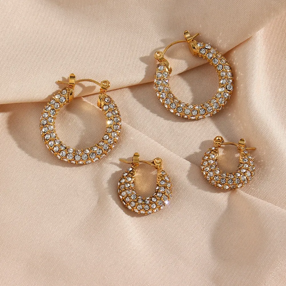 Luxury Shining Zircon Chunky Hoop Earring 18k Gold Plated Stainless Steel Hoop Earring Tarnish Free Jewelry