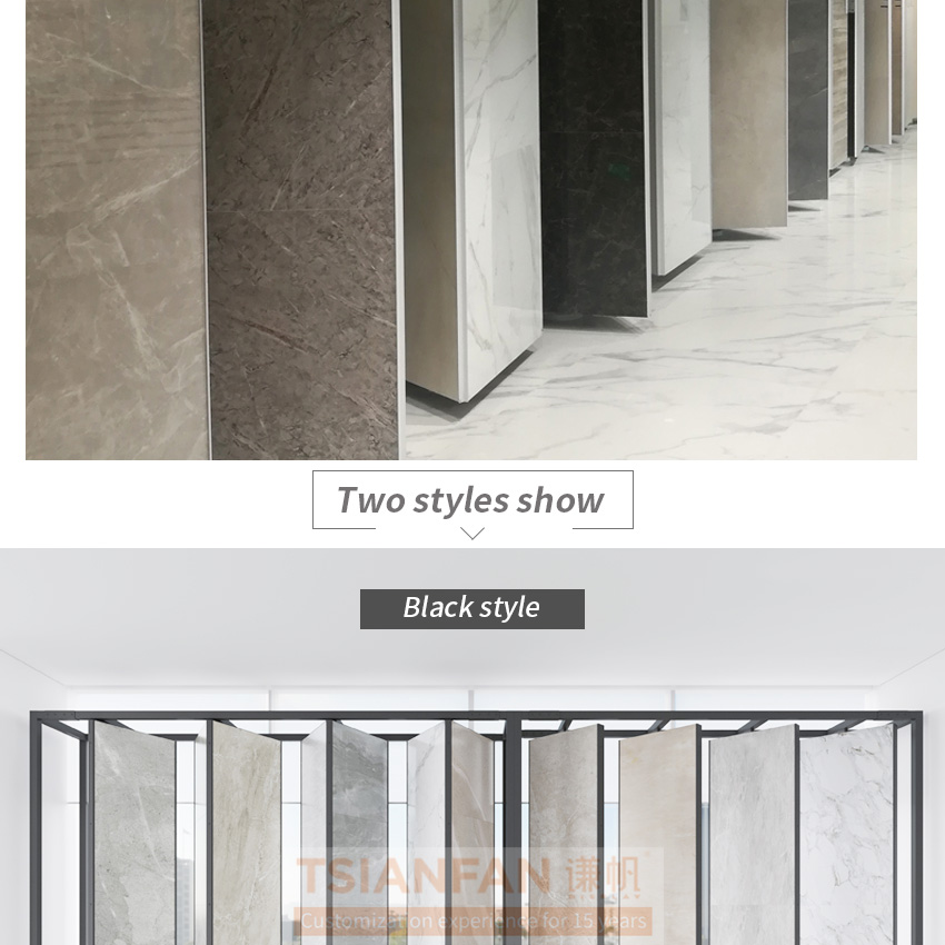 Tsianfan Exhibition For Custom Three Sided Ceramic Quartz Rack Marble Tiles Triangular Case Showing Rotating Stone Display Stand