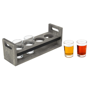 Ensemble d'échantillonnage de dégustation de planche de <span class=keywords><strong>vol</strong></span> de bière avec panneau de tableau noir, 4 verres à bière <span class=keywords><strong>et</strong></span> plateau de transport en bois gris vintage avec poignées - Product Image 4