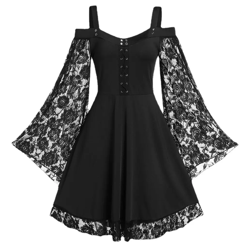 Gótico Vintage encaje Patchwork mujeres vestido más tamaño Goth vendaje señoras Spaghetti Strap vestidos