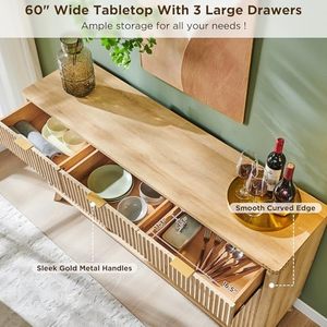 Buffet à panneaux cannelés, 3 tiroirs, 2 portes, étagères réglables, en pin naturel moderne, pour bar à <span class=keywords><strong>vin</strong></span> et café, avec <span class=keywords><strong>porte</strong></span>-verres à <span class=keywords><strong>vin</strong></span> - Product Image 4
