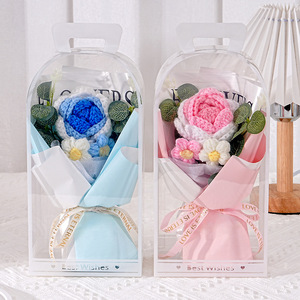 Hand Woven <b>Rose</b> Yarn Flower Bouquet Artificial Flower PVC Gift Box Mothers Day Present - Product Image 5