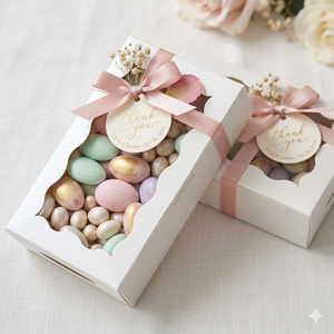 Boîte à dragées de mariage de luxe blanche ondulée avec ruban <span class=keywords><strong>rose</strong></span> et étiquette personnalisée de remerciement pour bonbons, invitations de mariage et emballage cadeau - Product Image 1