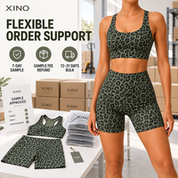 Ensemble de yoga personnalisé pour femme, imprimé léopard, respirant, extensible dans les quatre sens, soutien-gorge de sport et short cycliste taille haute, 2 pièces, tenue de sport privée