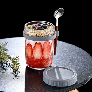 Tarro contenedor de vidrio de boca ancha transparente de 350ml con cuchara para desayuno avena para uso en la cocina - Product Image 4