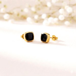Minimalist Black Obsidian Flat Cushion <b>Stud</b> Earrings Double Sided Flat Natural Gemstone In 925 <b>Sterling</b> <b>Silver</b> Or 18K Gold - Product Image 1
