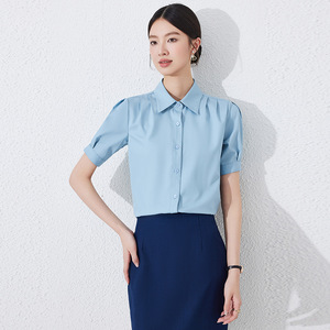 Women's Short Sleeve Shirt Poplin Anti-Wrinkle Office Commuter Style Blue Skirt Set - Product Image 4