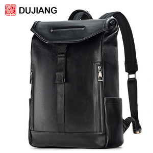 Dujiang Genuine Leather <b>Backpack</b> 15.6 Inch Unisex Large Capacity Business Commuting Laptop Bag Solid Color <b>Black</b> - Product Image 5