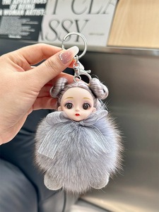 Porte-clés Pompom Poupée aux Grands Yeux, Pendentif Balle, Mignon, en Vrai Pelage de Renard, pour Femme et Fille - Product Image 6