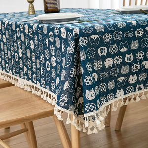 Cotton Linen <b>Tablecloth</b> Printed <b>Square</b> Washable Home Decor Nordic Style Cat Pattern Tassel Edge Dining Table Cover - Product Image 3