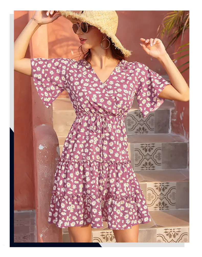 2021 Amazon cross-border European and American foreign trade women's chiffon floral v-neck lace dress women's French casual