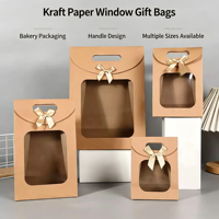 En stock, sac cadeau en papier kraft 260 g/m², boîte d'emballage pour pâtisserie, fenêtre transparente, couvercle à nœud papillon, petit sac cadeau créatif de couleur unie