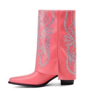 Botines de tacón alto con plataforma y punta puntiaguda de diamantes de imitación coloridos para mujer, estilo vaquero occidental - Product Image 1