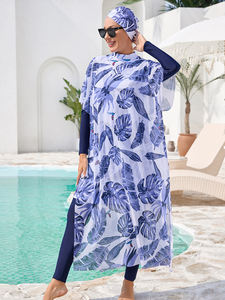 Cobertura Completa Modesto Impresso Mulheres Muçulmano Swimwear Feminino Islâmico Tamanho M-4XL <span class=keywords><strong>Beachwear</strong></span> 4pcs com Hijab Top Pant Cover - Product Image 2