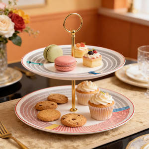 Support à gâteau en céramique à 2 niveaux, imprimé géométrique coloré, plateau à dessert en porcelaine avec poignée dorée pour le thé de l'après-midi ou un mariage - Product Image 5