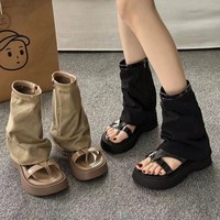 Sandales plateforme Y2K pour femmes OEM ODM, style tube, avec lanière string, en jean, à talon compensé, avec fermeture éclair latérale, tige en microfibre, bout pincé, légères