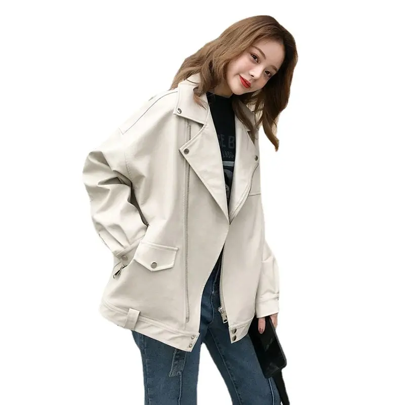 Leather coat for women in spring and autumn new loose and versatile ins zipper motorcycle suit PU leather jacket top