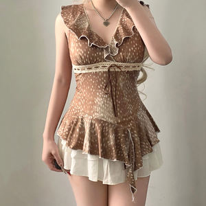 Animal Print V-Neck Shoulder Women's Summer Knitted T-<b>Shirt</b> Breathable Eco-Friendly Anti-UV New Arrival Hot Sale Irregular Hem - Product Image 1