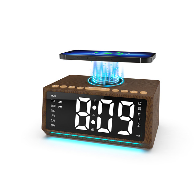Table Clock New 4 in 1 Wireless Charger Large Display Digital Alarm Clock Retro FM Radio BT Speaker Clock Ambient Lighting