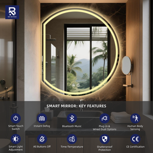 Espejo de Baño LED Inteligente Personalizado, con Retroiluminación, en Forma de <span class=keywords><strong>Media</strong></span> <span class=keywords><strong>Luna</strong></span> y Redondo, con Desempañador, para Entrada de Hotel, Habitación de Huéspedes y Tocador - Product Image 2