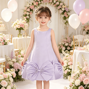 <span class=keywords><strong>Vestido</strong></span> <span class=keywords><strong>de</strong></span> satén sin mangas con cuello cuadrado para niñas, con gran lazo en la espalda, color liso, ideal para cumpleaños, uso diario, fotografía, fiestas y actuaciones. - Product Image 1