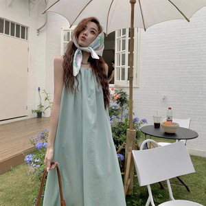Sleeveless Women's Summer Halter Maxi Dress Bean Green Apricot Solid Color Loose Fit Beach Cover Up - Product Image 1