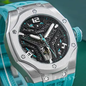 Jam tangan kustom pria, arloji kerangka mewah dengan Logo tali silikon, jam tangan mekanikal, anti air, jam tangan otomatis untuk pria