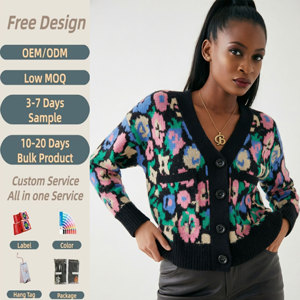Cardigan Lavorato a <span class=keywords><strong>Maglia</strong></span> per <span class=keywords><strong>Donna</strong></span> con Motivi Floreali Jacquard, Stile Vintage Boho, Scollo a V, con Tasche, Morbido e Caldo - Product Image 1