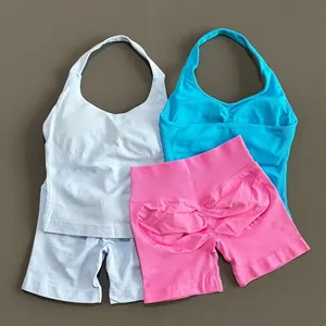 Conjunto Deportivo de 2 Piezas Transpirable para Mujer, Top Halter sin Espalda, Shorts de Cintura Alta sin Costuras y de Alta Elasticidad, Conjunto Deportivo Sólido - Product Image 4