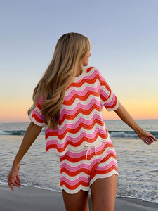 <span class=keywords><strong>Ensemble</strong></span> tricoté rayé ondulé pour <span class=keywords><strong>femme</strong></span>, collection Printemps 2026, 2 pièces, respirant, 100 % polyester, pull à manches courtes ajouré et short, couleur coucher de soleil - Product Image 5