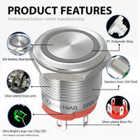 19mm IP67/IP65 10A 24V/12V Tombol Start Motor Besar Saklar Tekan Latching Momentary 1NO Ring Beriluminasi ON/OFF Kontrol Daya