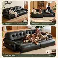 Canapé convertible électrique rétractable marron, style rétro en cuir noir avec structure en bois