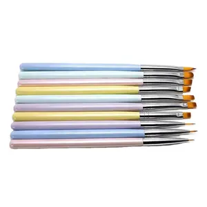 High Quality 10PCS Nail Polish Brush Kits Colorful Wooden Rod Liner Painting 3D Acrylic Brush Nylon Gel Oval Flat Slanted Brush