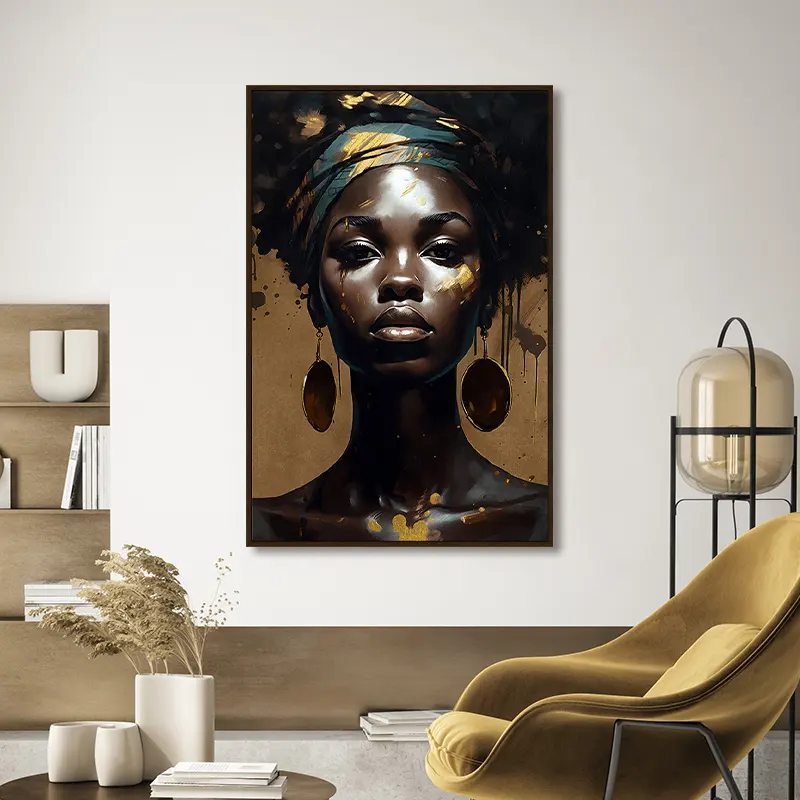 Pintura colorida e efeito de folha na bela cara africana de uma jovem retrato moderno para casa quarto deco