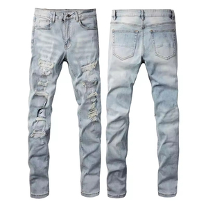 Jean droit pour homme style punk en denim délavé foncé, respirant, en coton/élasthanne, avec motif imprimé métallisé, taille mi-haute et fermeture boutonnée - Product Image 6
