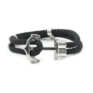 Pulseira de corda de nylon, pulseira de couro masculina preta artesanal de alta qualidade com fecho de âncora, bracelete de corda