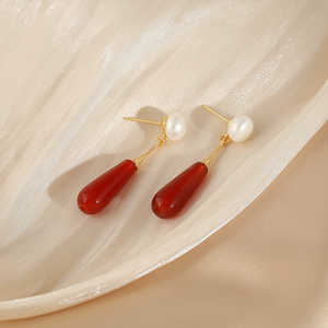 Pendientes de Perlas Naturales 1617 para Mujer, Pendientes Largos de Ágata Roja - Product Image 2